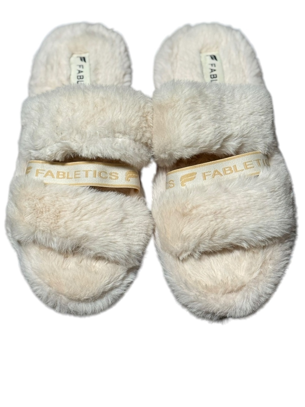 Fabletics Snug Strap Faux Fur Slippers Size 7 Cream Loungewear Cozy Luxe Fuzzy